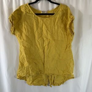 Terzo Millennio Linen Blouse Women's Medium Yellow Round Neck Short Sleeve Italy